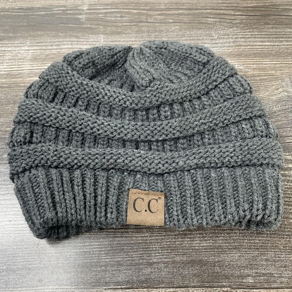 C.C Hat Beanie Fitted Womens Gray Knit Ribbed Slouchy Winter Warm Acrylic
